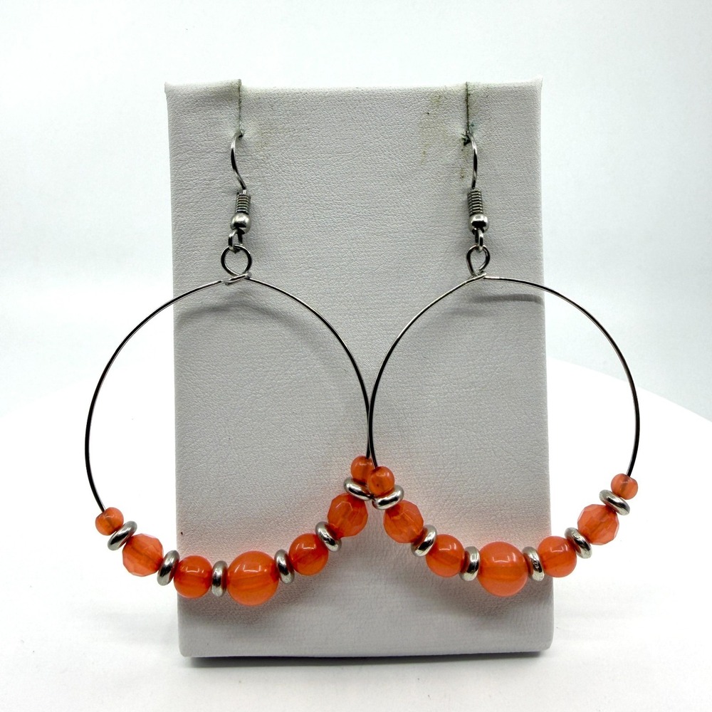 Y2K Boho Orange Beaded Hoop Earrings - Statement Festival Jewelry